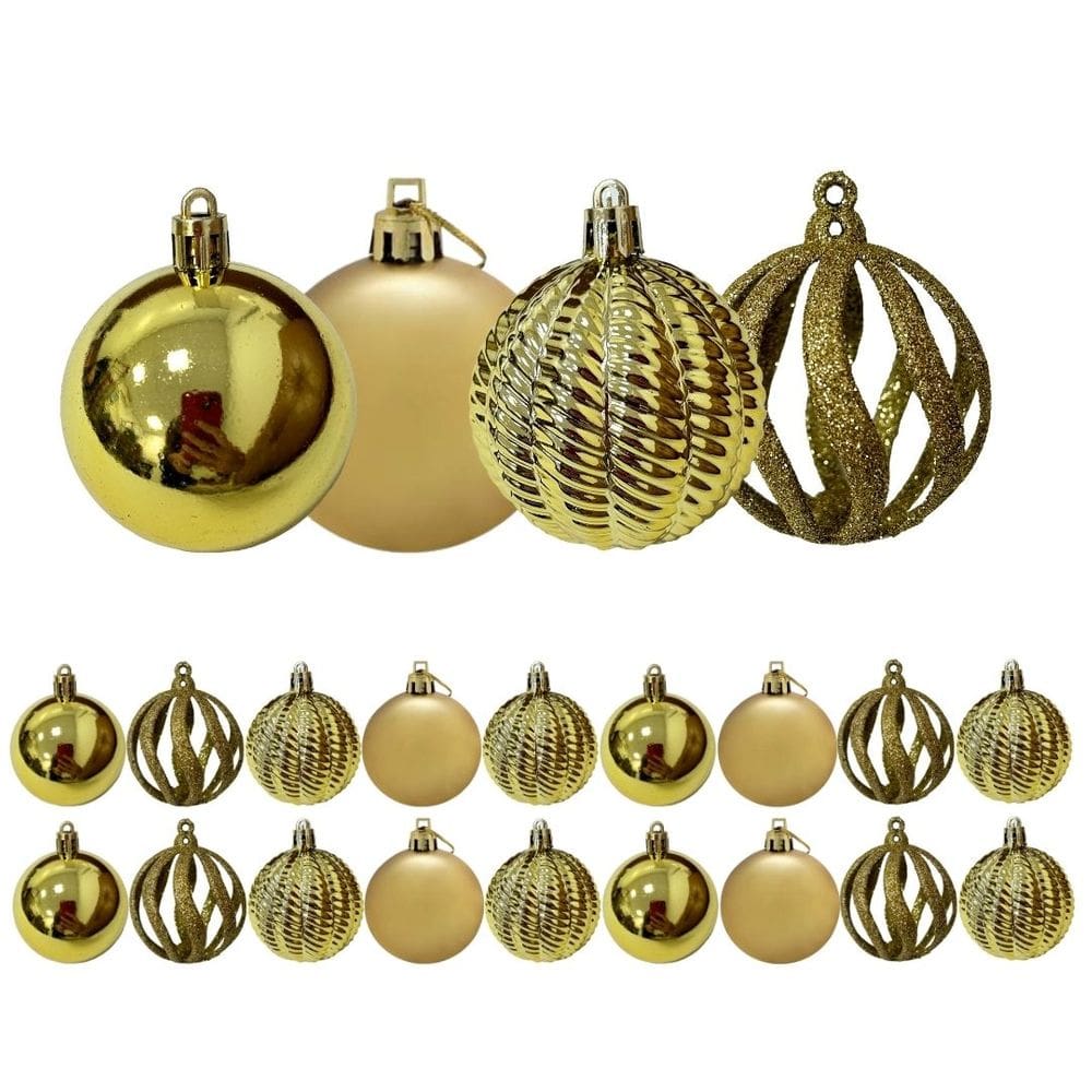 Kit 18 Bolas de Natal Douradas Luxo 6cm Texturas Mistas Fosca, Espelhada, Glitter e 3D Premium