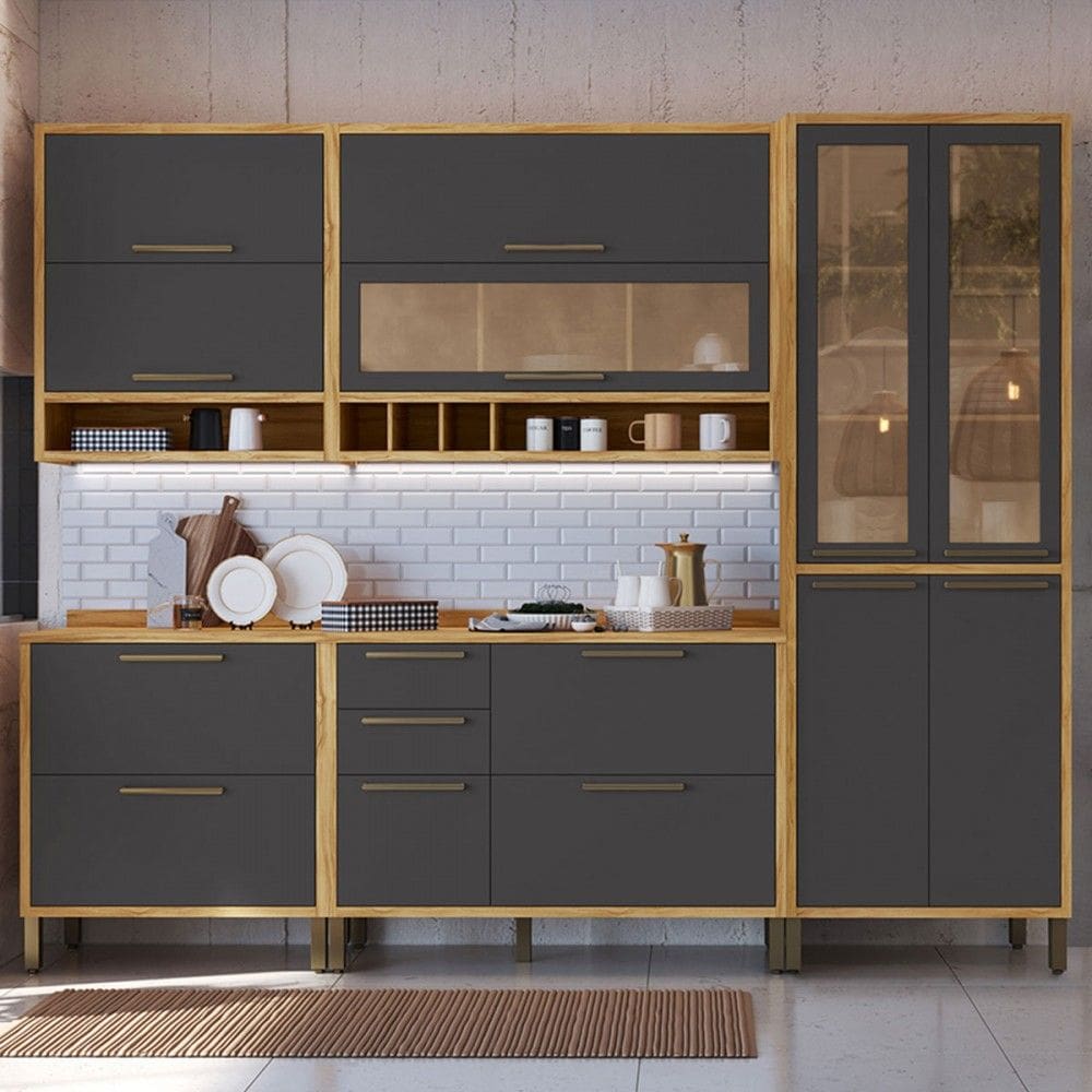 Armário de Cozinha com Balcão e Tampo 11 Portas 4 Gavetas Pérola 100% Mdf Vidro Reflecta Amêndoa/Cinza - Pnr Móveis