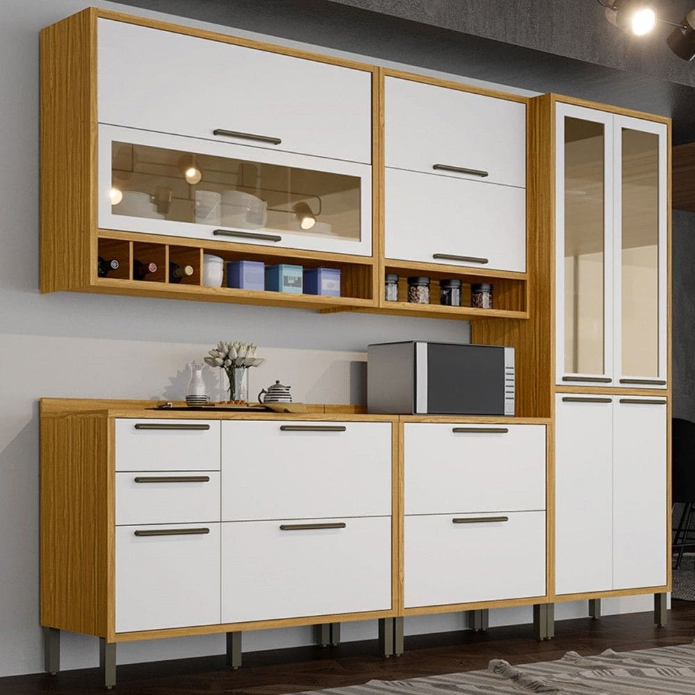 Armário de Cozinha com Balcão e Tampo 11 Portas 4 Gavetas Pérola 100% Mdf Vidro Reflecta Amêndoa/Branco - Pnr Móveis