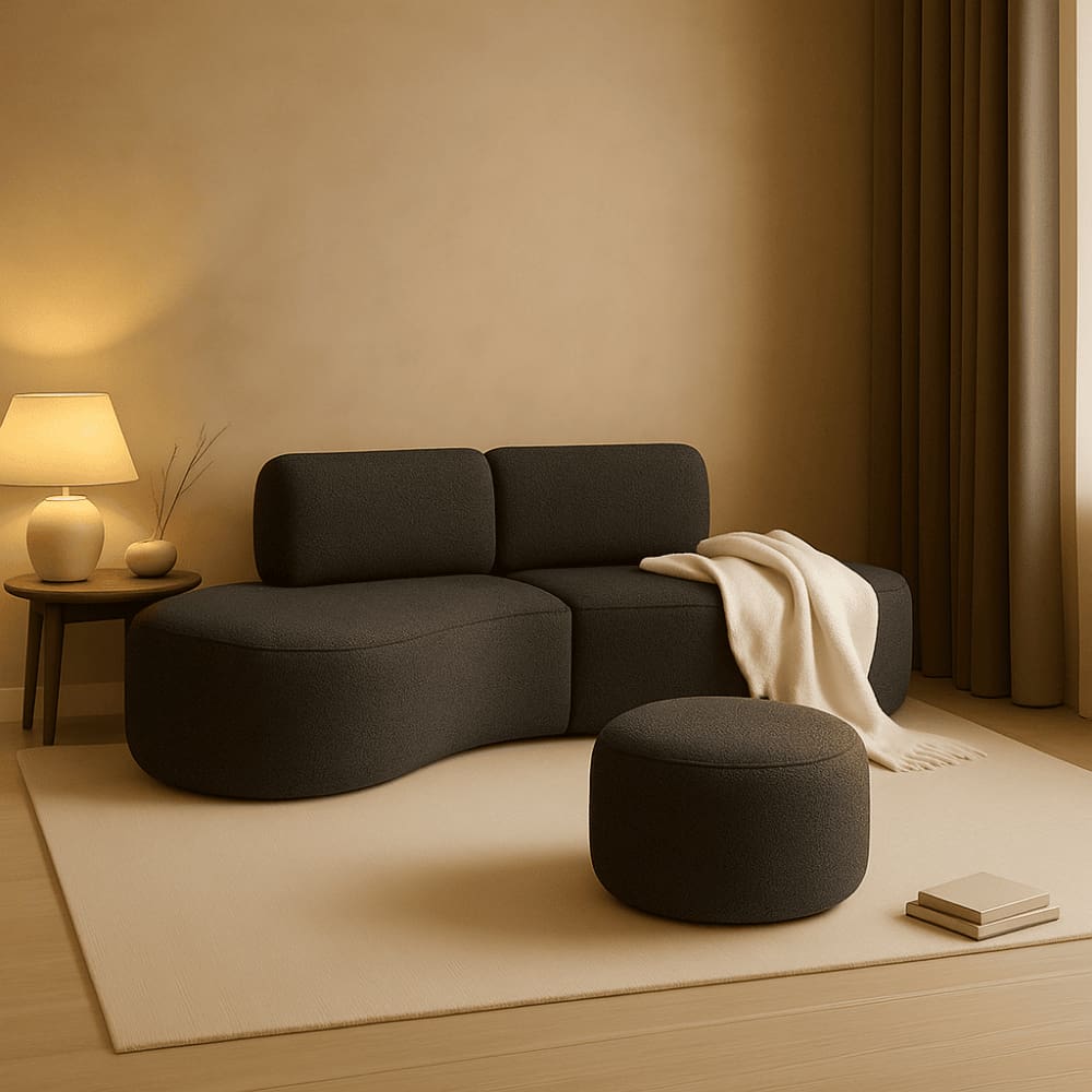 Sofá Orgânico e Puff Módulo Curvo Savana Boucle Cinza Escuro - Montanari`s Decor