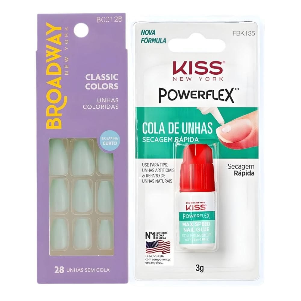Kit Kiss New York: Unhas Postiças Bailarina Curto Bordeaux e Cola De Unhas 3g