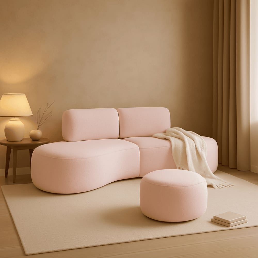 Sofá Orgânico e Puff Módulo Curvo Savana Boucle Rosê - Montanari`s Decor