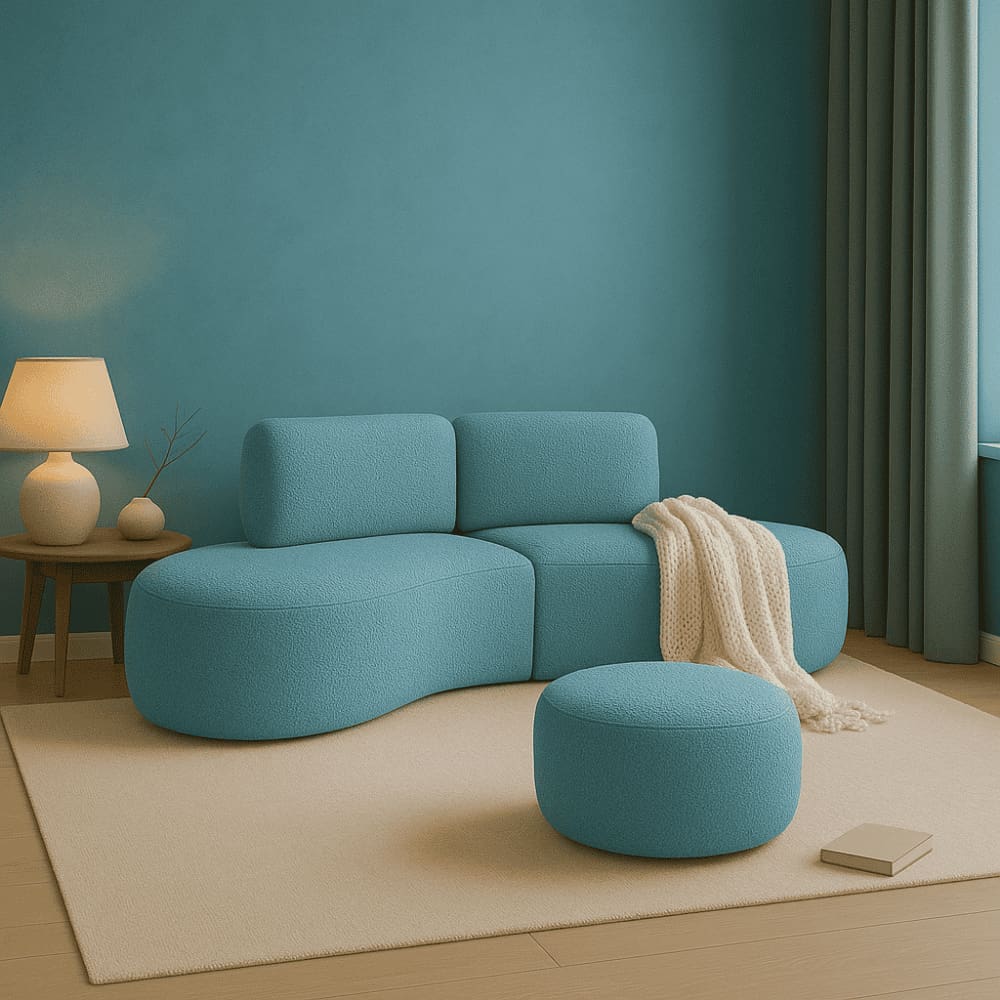 Sofá Orgânico e Puff Módulo Curvo Savana Boucle Azul Turquesa - Montanari`s Decor