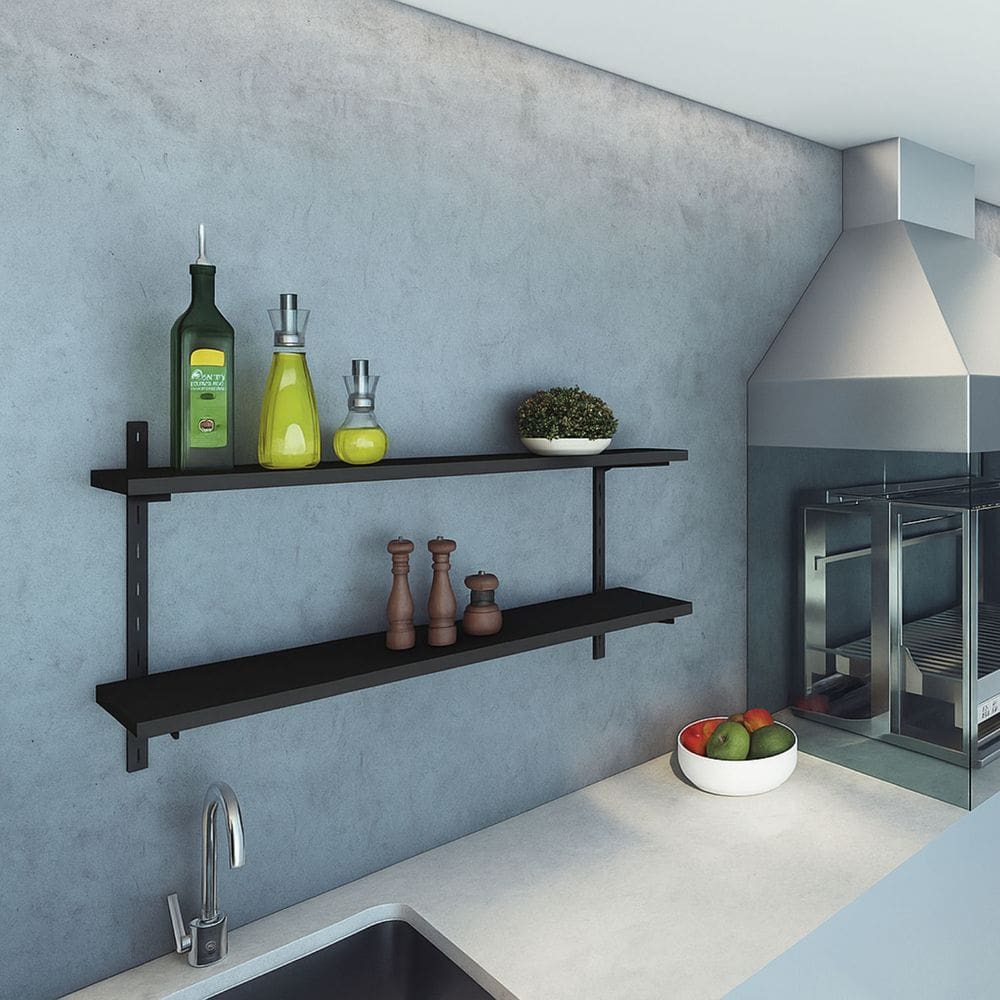 Kit 2 Prateleiras 60x20cm com Trilhos e Suportes em Aço Preto