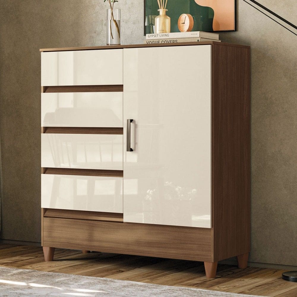 Cômoda Lux 1 Porta 4 Gavetas Jequitiba/Off White - Pnr Móveis