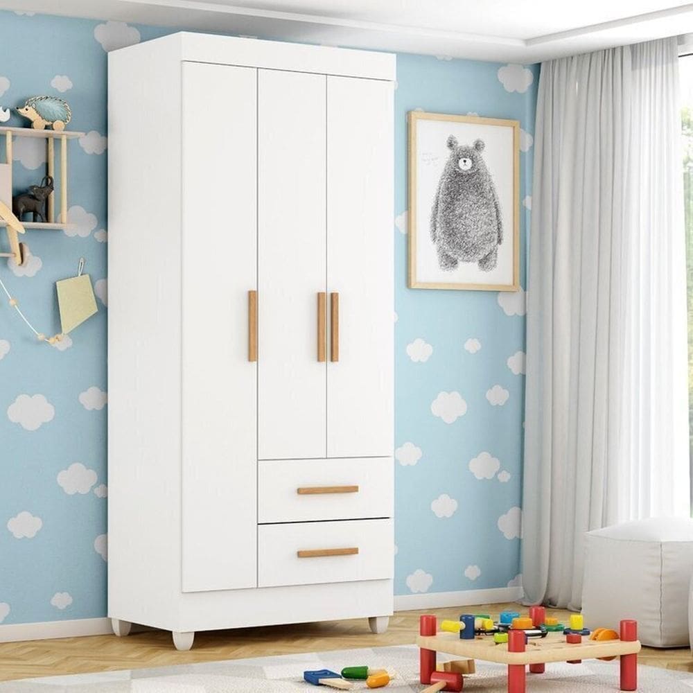 Quarto Bebê Infantil com Guarda-Roupa 3 Portas e 2 Gavetas com Cômoda 4 Gavetas e 1 Porta Branco