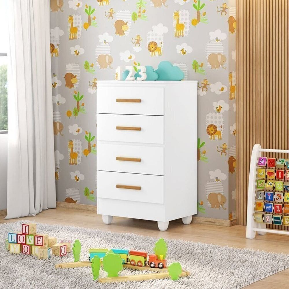 Quarto Bebê Infantil com Guarda-Roupa 3 Portas e 2 Gavetas com Cômoda 4 Gavetas Branco