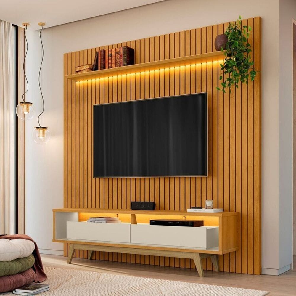 Painel com Rack com LED para TV até 75 Polegadas Ripado com 2 Prateleiras Roma Cinamomo