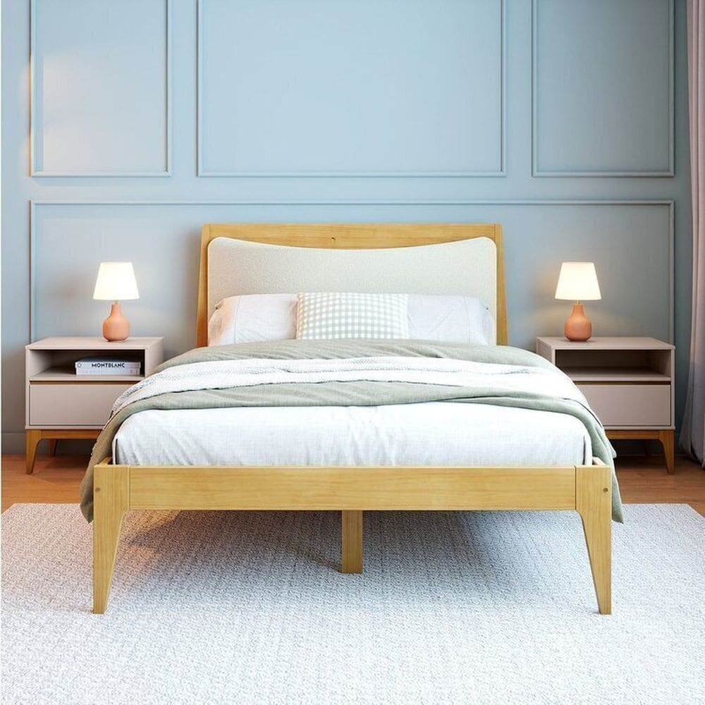 Quarto Completo 1 Cama Casal Cabeceira Estofada e 2 Mesas de Cabeceira Yescasa Cappuccino/Amêndoa