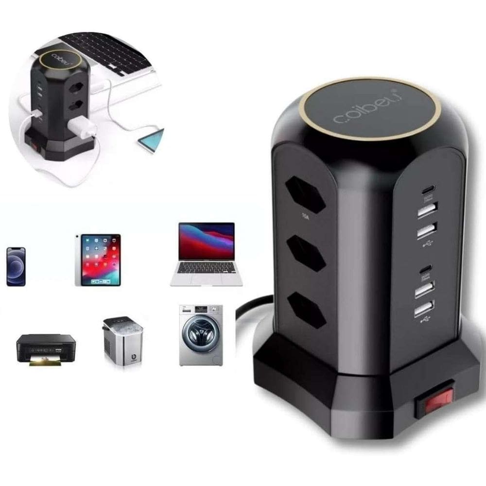 Torre De Tomadas Usb Preta 8 Entradas E Carregador Rápido