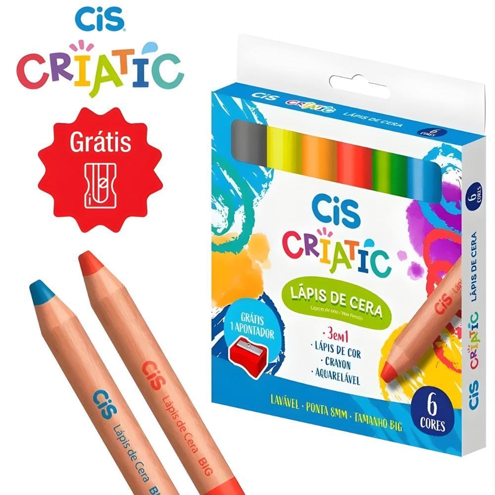 Lápis de Cera de Cor Jumbo Madeira Ponta 8mm Criatic + 1 Apontador Jumbo - Cis