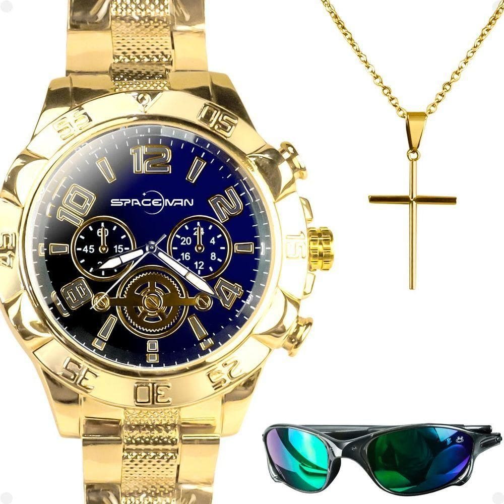 Relogio Masculino Prova Dagua Banhado + Cordao + Oculos Sol Inoxidavel Religioso Azul Catolico Verde