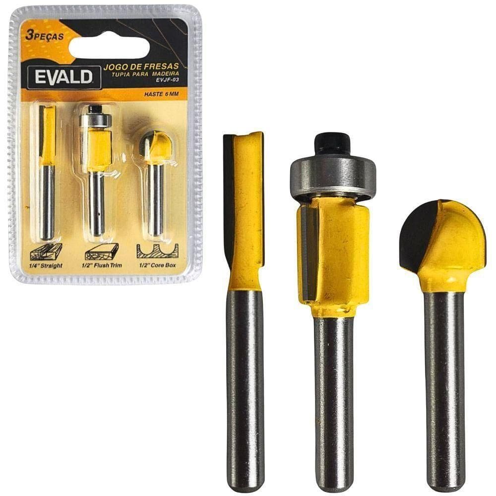 Jogo De Fresas Tupia Para Madeira Haste 6 Mm Kit 3 Peças Evjf-03 Evald