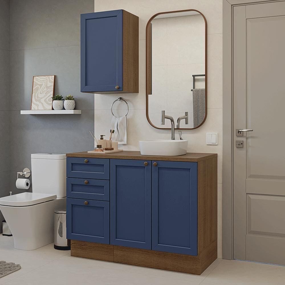 Conjunto Gabinete Para Banheiro 110cm 3 Gavetas 3 Portas Vik Madesa 01 Rustic-azul