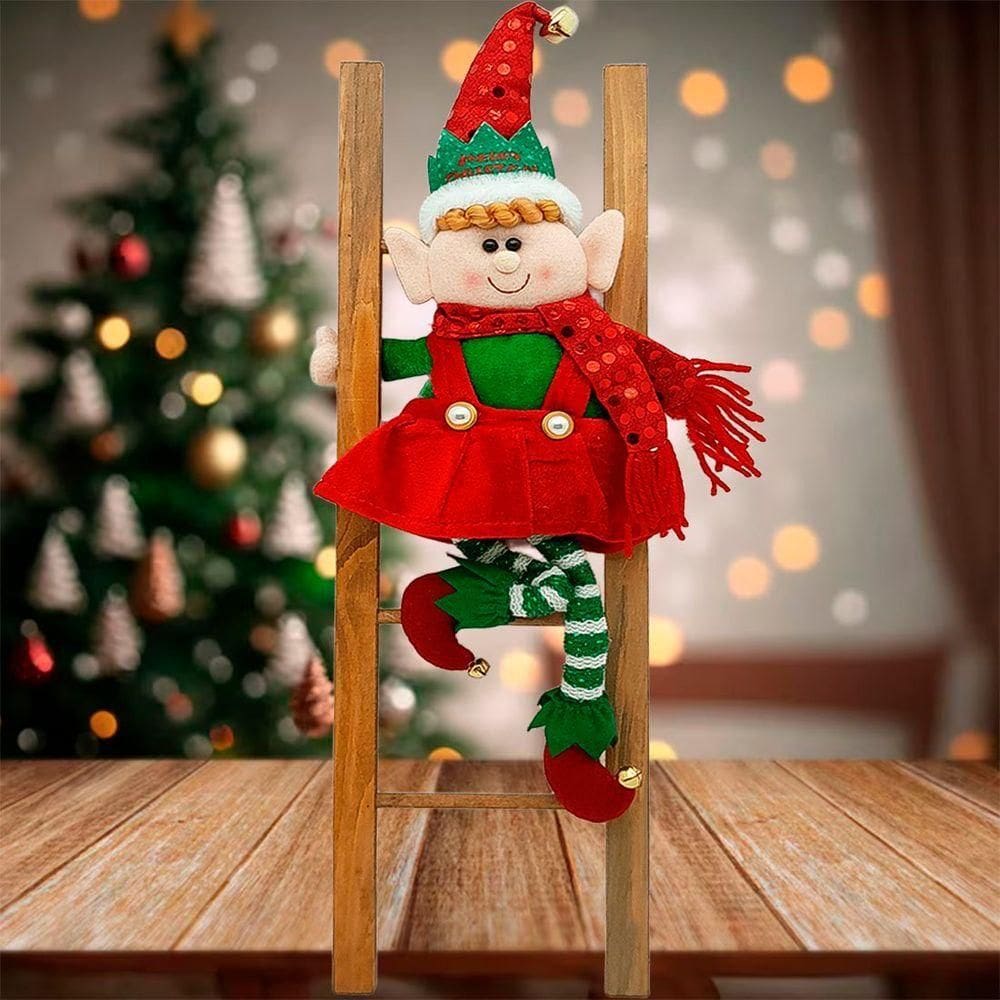 Boneco Elfo Duende Tradicional Na Escada Enfeite Natal 50cm