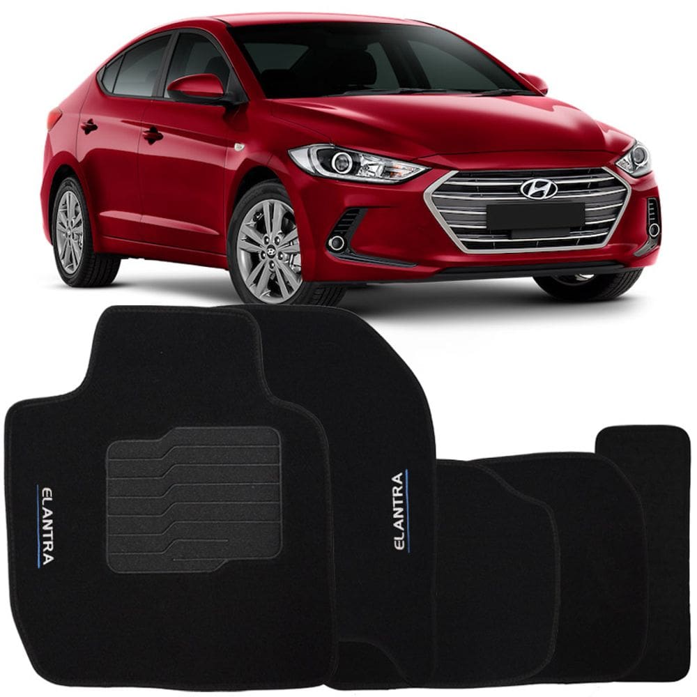 Jogo de Tapete Automotivo Carpete Elantra 2010 à 2018 Soft Logo Bordado Preto 5 Peças