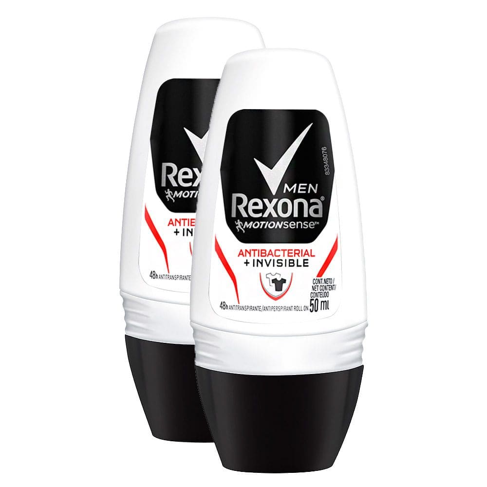 Desodorante Antitranspirante Rexona Men Antibacterial + Invisible Roll-on 50ml | Kit com duas unidades