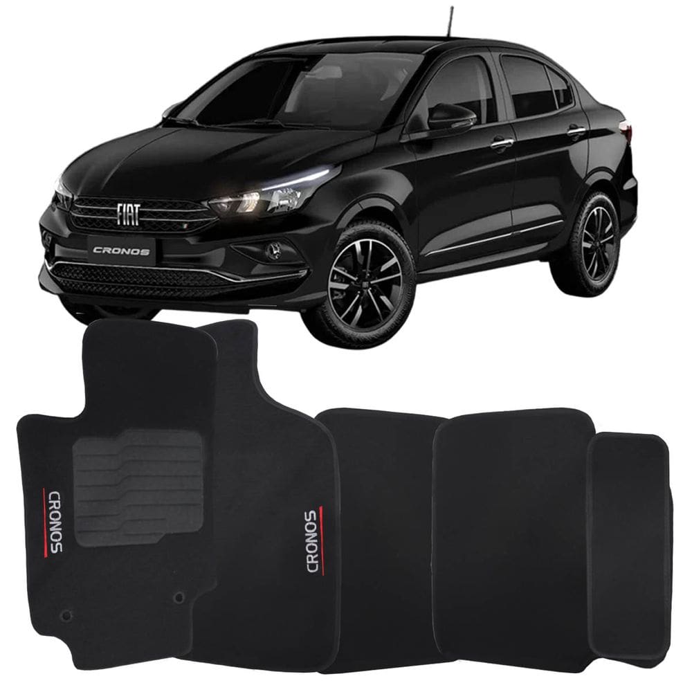 Tapete Carpete Cronos 2018 à 2024 Preto Logo Bordado Jogo 5 Peças Personalizado Automotivo