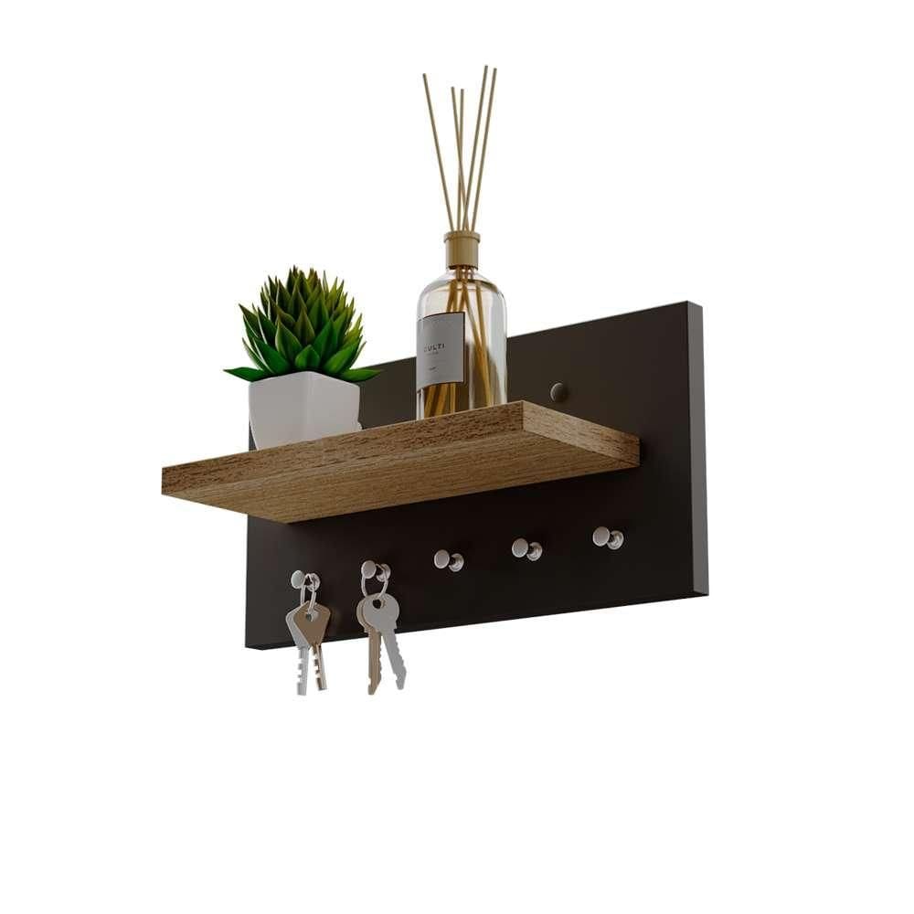 Porta Chaves Minimalista de Parede com 5 pinos Preto e Carvalho