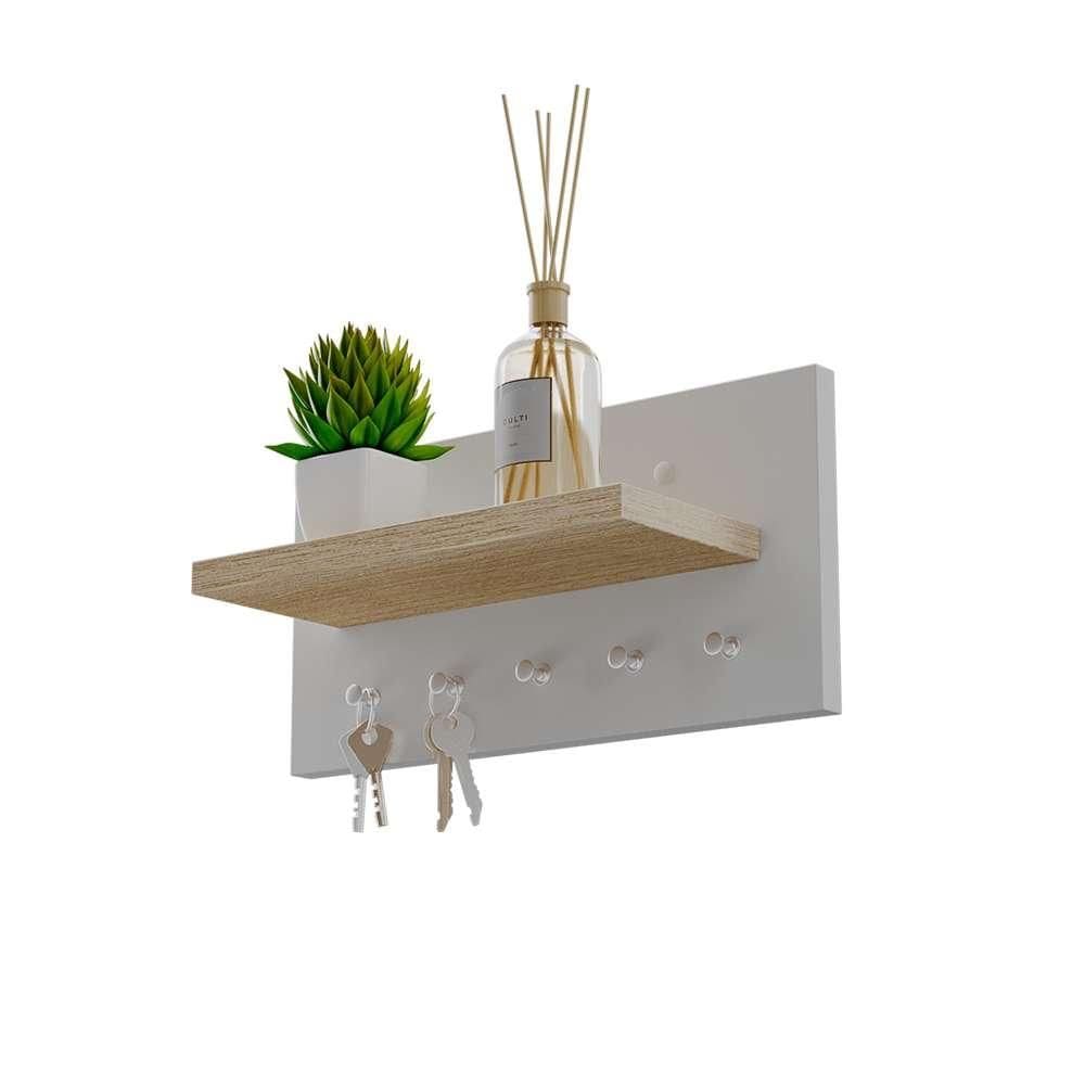 Porta Chaves Minimalista de Parede com 5 pinos Branco e Carvalho