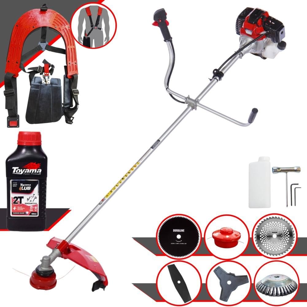 Roçadeira Toyama RT43-L À Gasolina 43cc 1,7HP Completa Com 6 Opções de Cortes, Carretel Nylon + Kit 4 Facas + Escova de Aço Circular + ÓLEO TOYAMA 2T