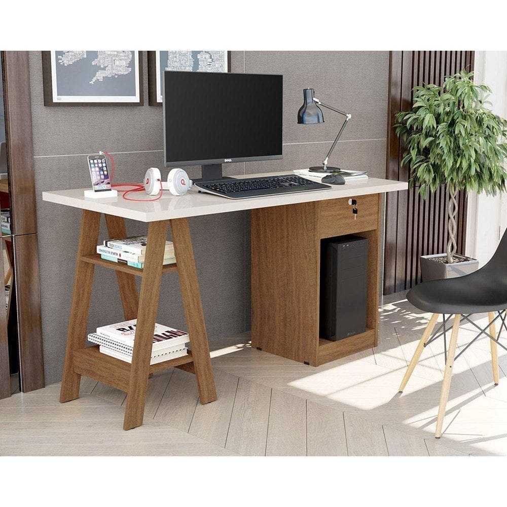 Escrivaninha Cavalete 2 Prateleira 2 Nichos 1 Gaveta Bali Off White/Canela