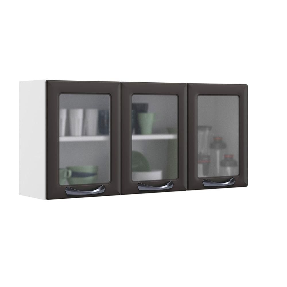 Armário Aéreo de Cozinha Grafite 3 Portas Vidro New Premium