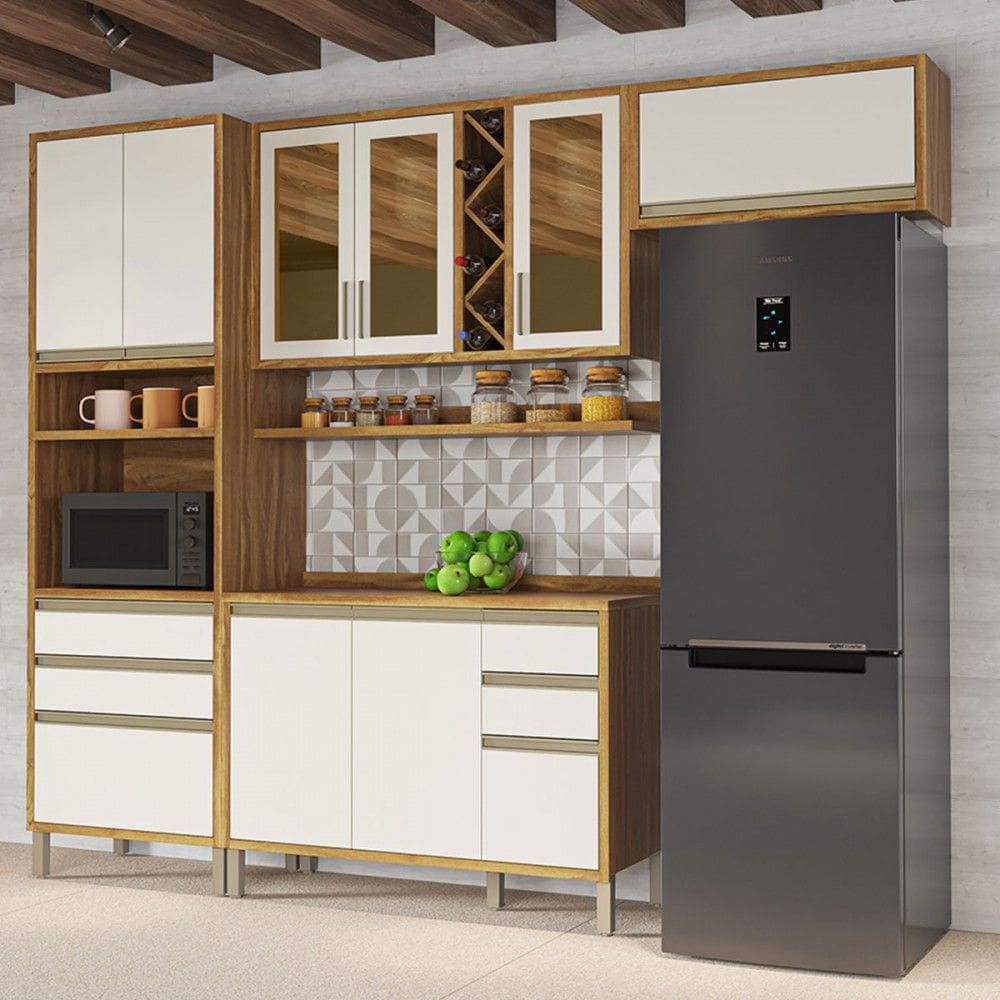 Armário de Cozinha Modulada com Balcão e Tampo 9 Portas 5 Gavetas Pérola 100% Mdf Vidro Reflecta Amêndoa/Off White - Pnr Móveis