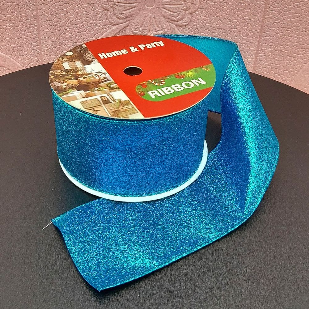 Rolos Fita Aramada Gliter Azul Natalina De 6,3cm 9m Kit 5pçs