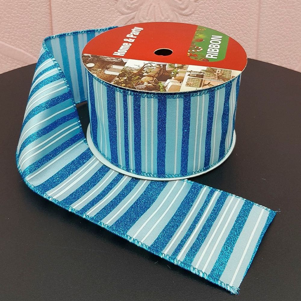 Rolos Fita Aramada Natalina Listrada Azul 6,3cm 9m Kit 5pçs