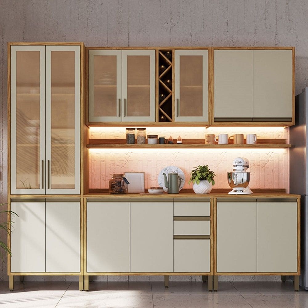 Armário de Cozinha Modulada com Balcão e Tampo 13 Portas 3 Gavetas Pérola Premium 100% Mdf Vidro Reflecta Amêndoa/Off White - Pnr Móveis