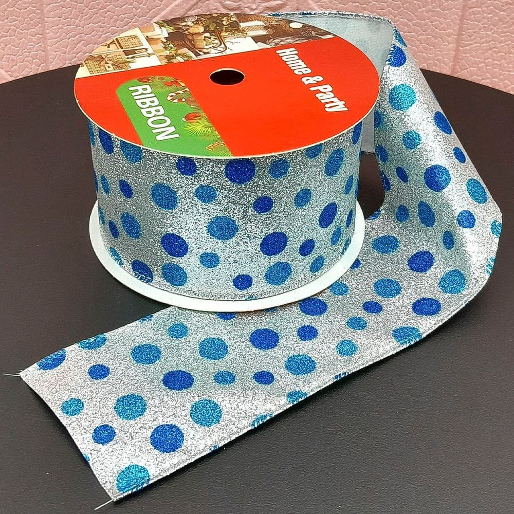 Rolos Fita Aramada Natalina Bolinhas Azul 6,3cm 9m Kit 2pçs