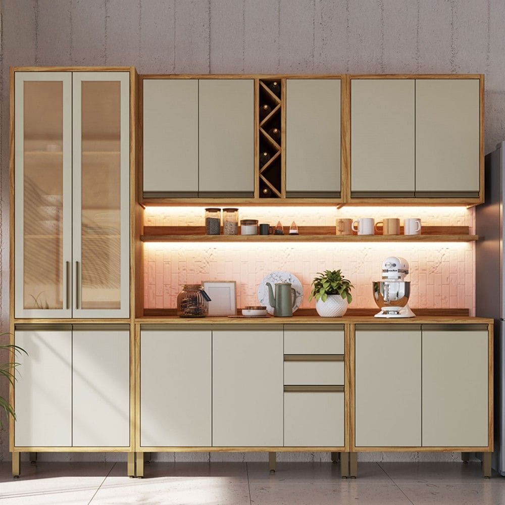 Armário de Cozinha Modulada com Balcão e Tampo 13 Portas 3 Gavetas Pérola Plus com Prateleiras 100% Mdf Vidro Reflecta Amêndoa/Off White - Pnr