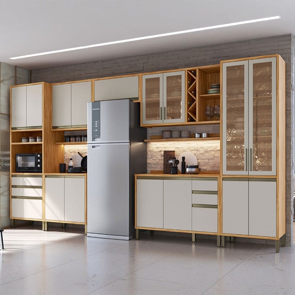 Armário de Cozinha com Balcão e Tampo 16 Portas 5 Gavetas Pérola Premium com Prateleiras 100% Mdf Vidro Reflecta Amêndoa/Off White - Pnr Móveis