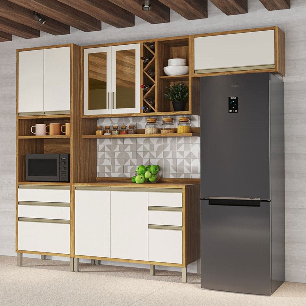 Armário de Cozinha com Balcão e Tampo 8 Portas 5 Gavetas Pérola 100% Mdf Vidro Reflecta Amêndoa/Off White - Pnr Móveis