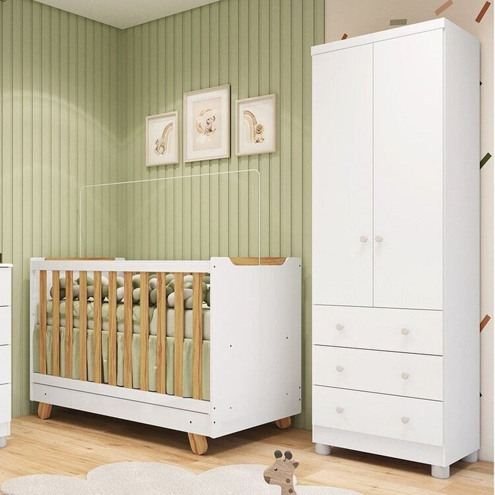 Quarto de Bebê com Guarda-roupa 2 Portas e Berço 4 em 1 Minicama 100% Mdf Mike Espresso Móveis Branco Brilho/Amêndoa