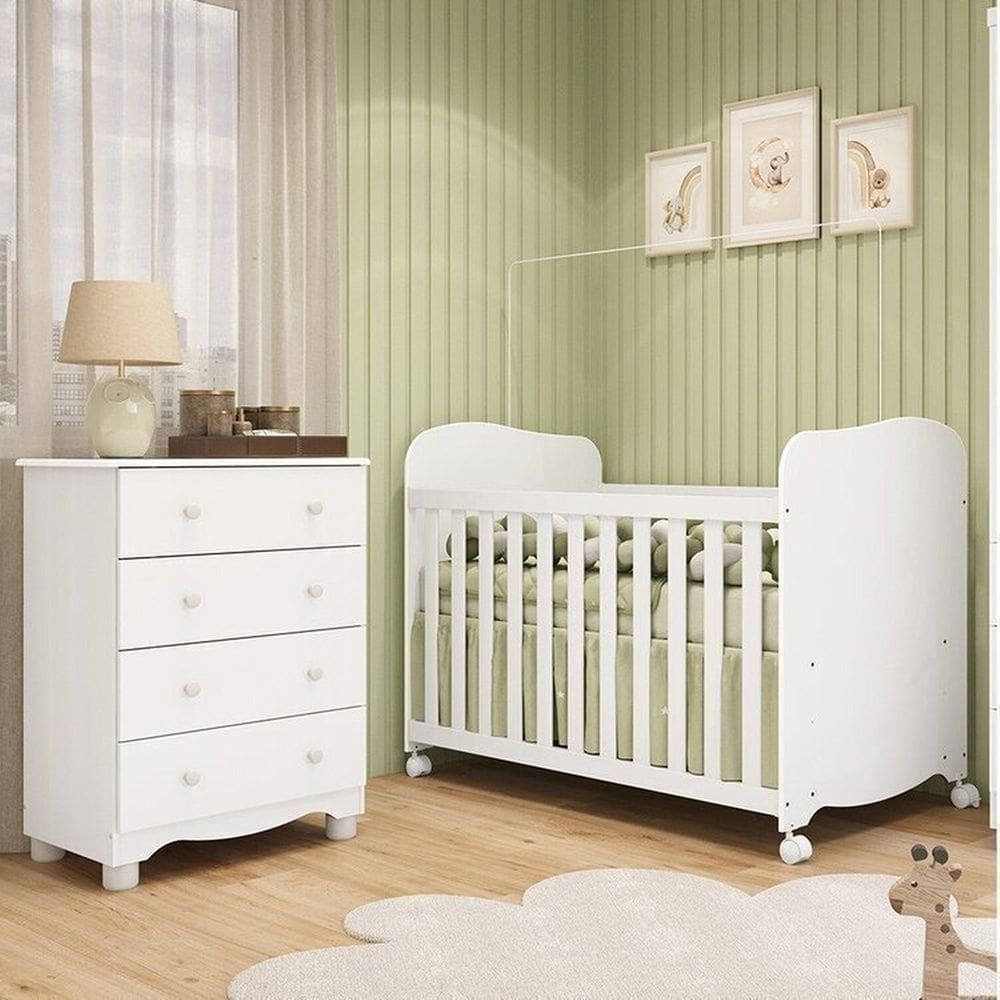 Quarto de Bebê com Cômoda 4 Gavetas e Berço com Rodízios 100% Mdf Mimo Espresso Móveis Branco Brilho