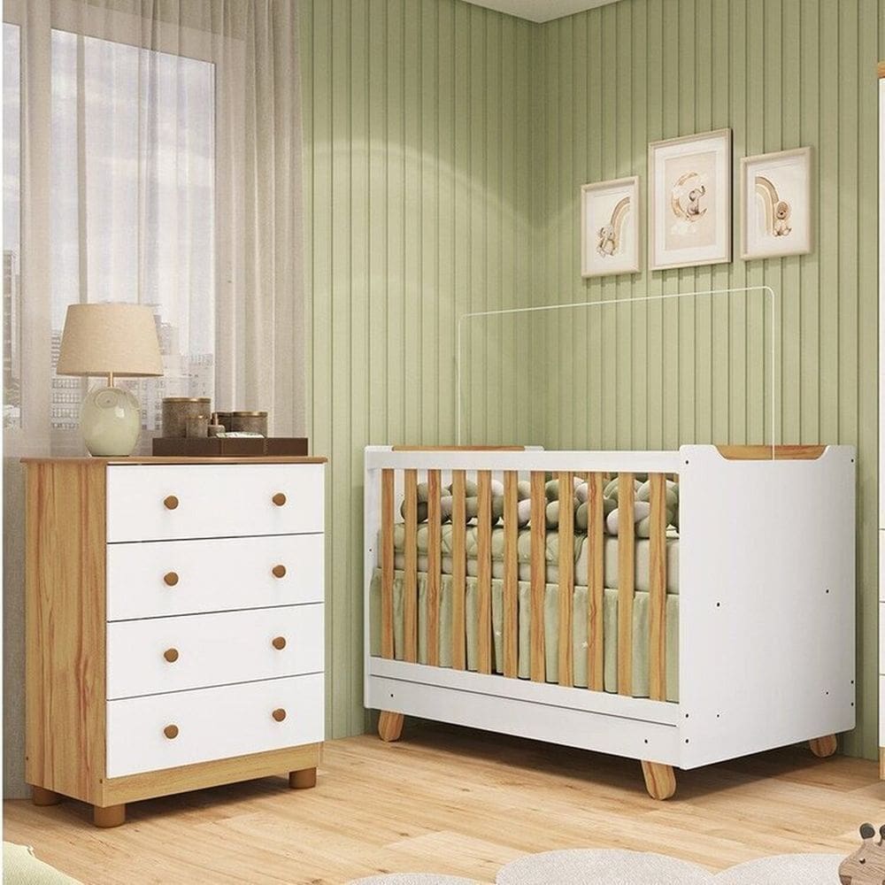 Quarto de Bebê com Cômoda 4 Gavetas e Berço 4 em 1 Minicama 100% Mdf Mike Espresso Móveis Branco Brilho/Amêndoa
