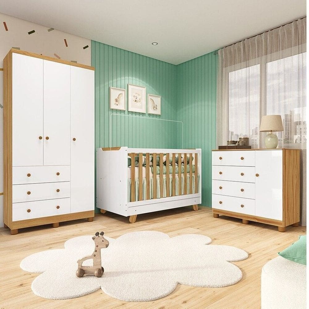 Quarto de Bebê com Guarda-roupa 3 Portas Cômoda e Berço 4em1 Minicama 100% Mdf Mike Espresso Móveis Branco Brilho/Amêndoa