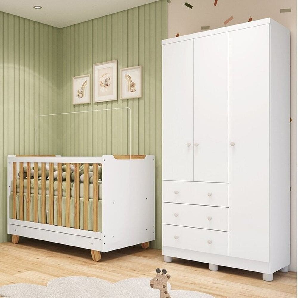 Quarto de Bebê com Guarda-roupa 3 Portas e Berço 4 em 1 Minicama 100% Mdf Mike Espresso Móveis Branco Brilho/Amêndoa