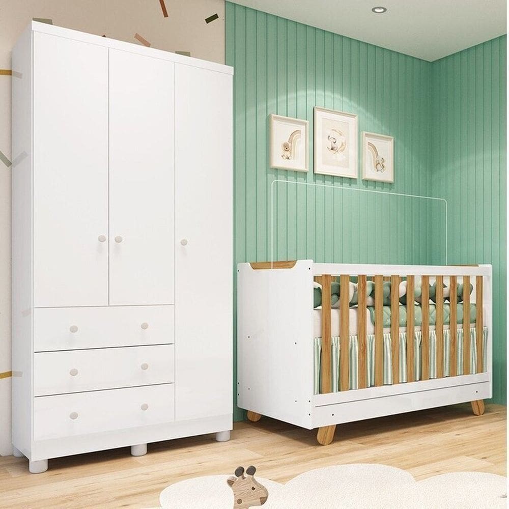 Quarto de Bebê com Guarda-roupa 3 Portas e Berço 4 em 1 Minicama 100% Mdf Mike Espresso Móveis Branco Brilho/Amêndoa