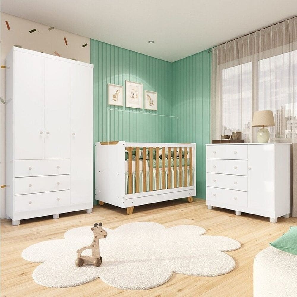 Quarto de Bebê com Guarda-roupa 3 Portas Cômoda e Berço 4em1 Minicama 100% Mdf Mike Espresso Móveis Branco Brilho/Amêndoa
