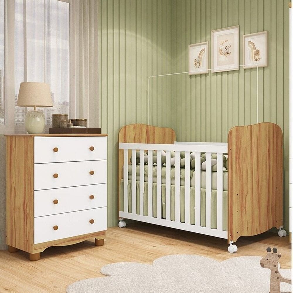 Quarto de Bebê com Cômoda 4 Gavetas e Berço com Rodízios 100% Mdf Mimo Espresso Móveis Branco Brilho/Amêndoa