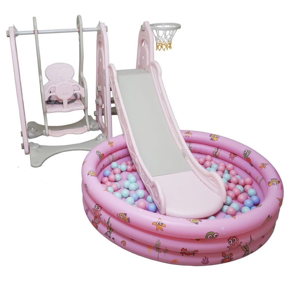 Playground Infantil 4 em 1 Escorregador Balanço Cesta Basquete Piscina Bolinha Importway Rosa