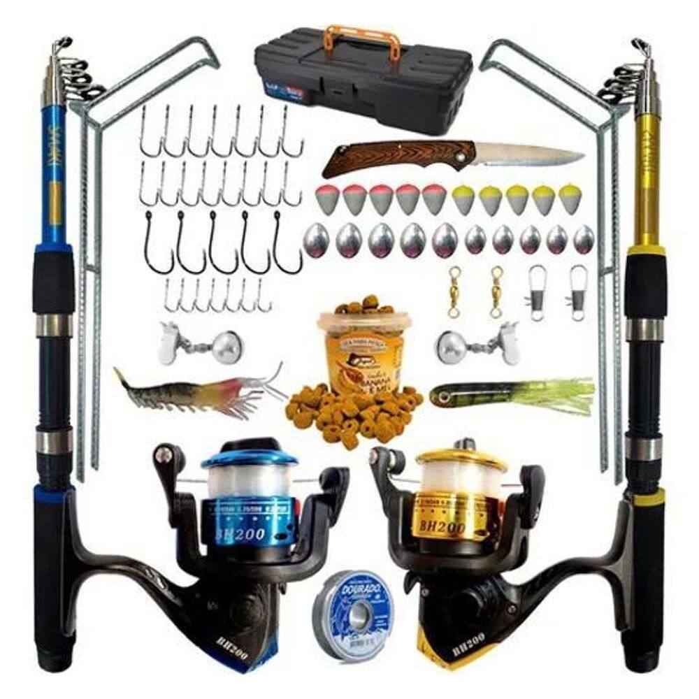 2X Kit De Pesca Completo 10Kg Com 2 Varas + 2 Molinetes + It