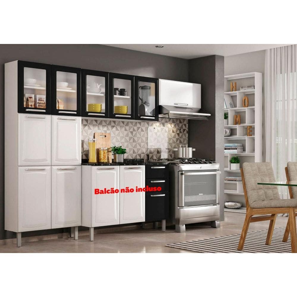 Cozinha Branca e Preta em Aço 280cm 3 Peças com Vidro Sem Balcão