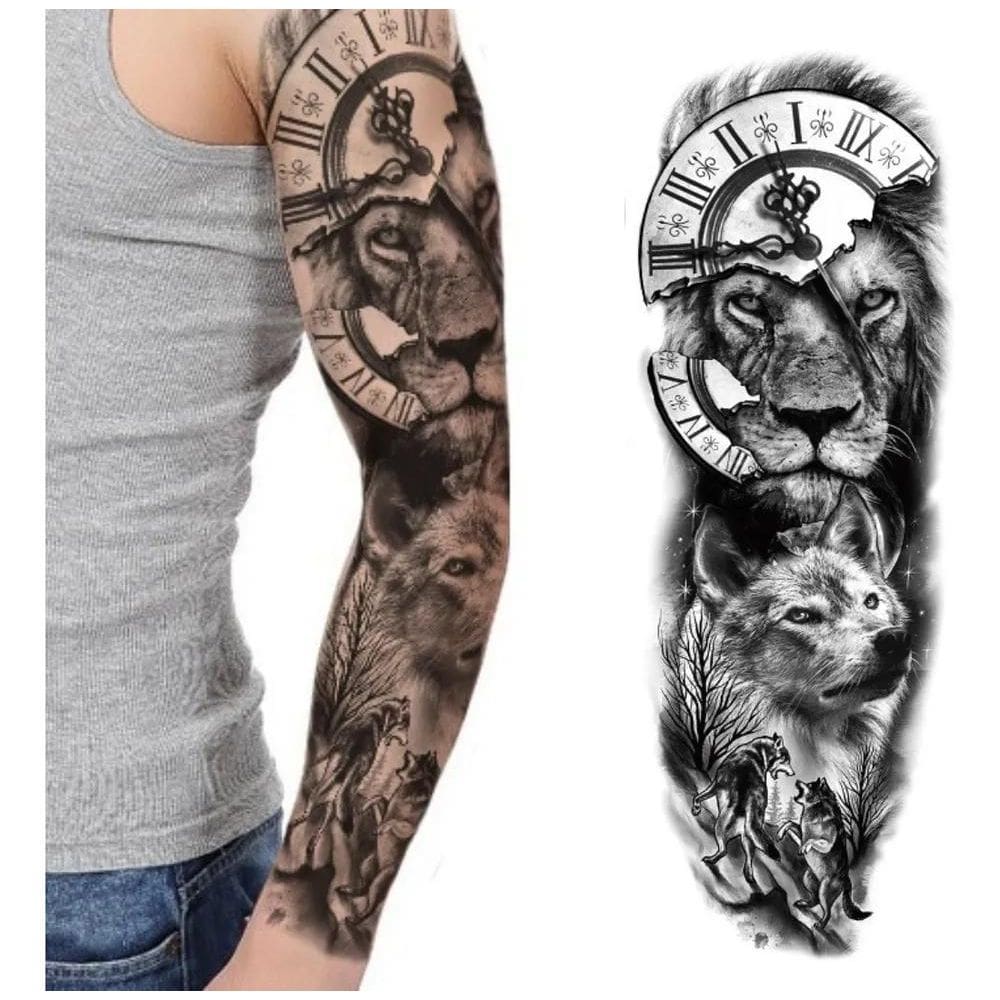 2X Tatuagem Temporaria - Leão E Lobo - Braço Inteiro