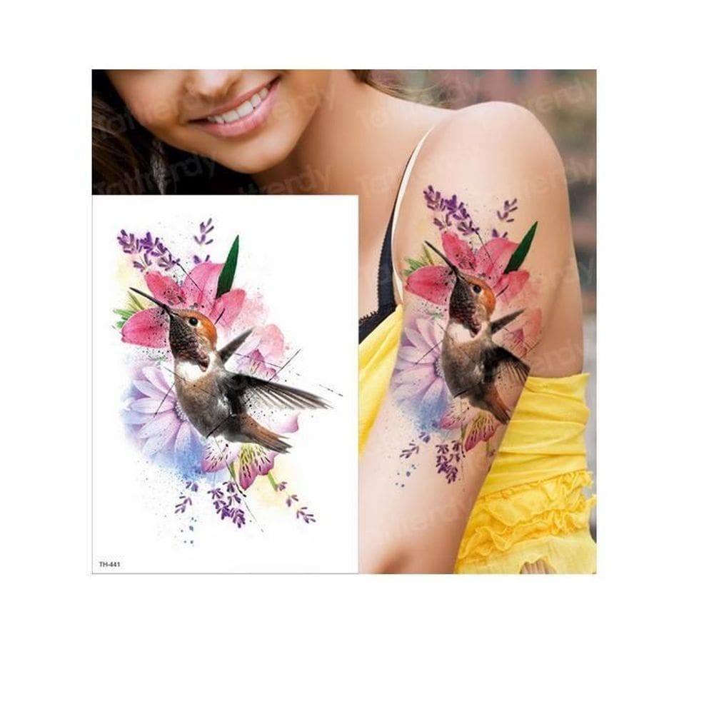 Tatuagem Temporária Delicada Com 20 Cm Floral Beija-Flor