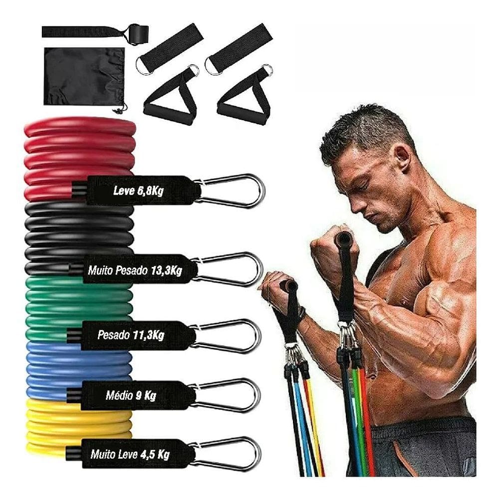 2X Kit Elásticos Academia 11 Peças Borracha Corda Tubos Alça
