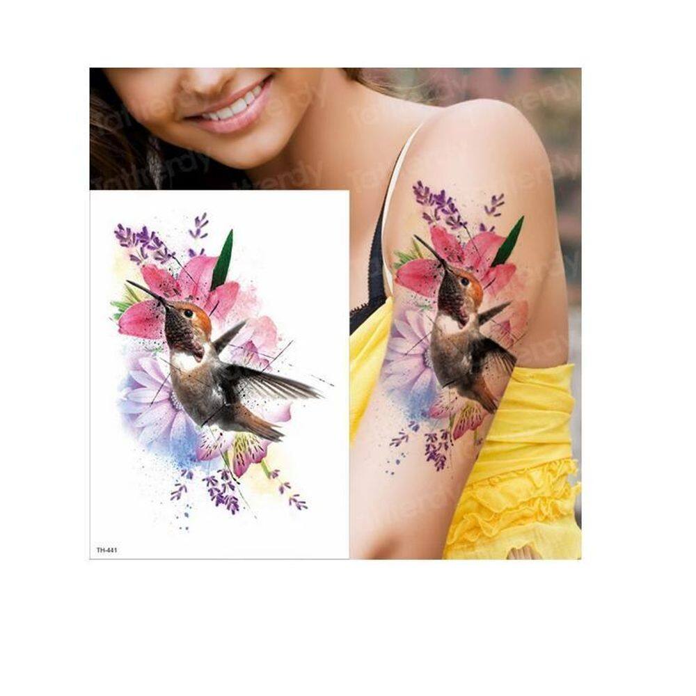 Tatuagem Temporária Delicada Com 20 Cm Floral Beija-Flor